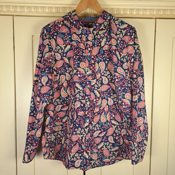 Talbots Women's Blue Pink Paisley Button Front Cotton Shirt Blouse Sz XL - Picture 1 of 10